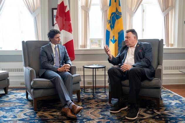 July 17, 2023, Halifax, NS, Canada: Prime Minister Justin Trudeau, left, and Mike Savage, mayor of the Halifax Regional Municipality, meet at City Hall in Halifax, Monday, July 17, 2023. Halifax Canada - ZUMAc35_ 20230717_zaf_c35_067 Copyright: xDarrenxCalabresex