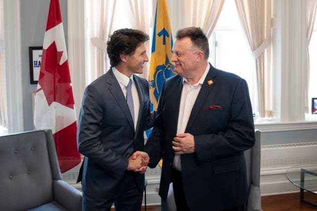 July 17, 2023, Halifax, NS, Canada: Prime Minister Justin Trudeau, left, and Mike Savage, mayor of the Halifax Regional Municipality, meet at City Hall in Halifax, Monday, July 17, 2023. Halifax Canada - ZUMAc35_ 20230717_zaf_c35_068 Copyright: xDarrenxCalabresex