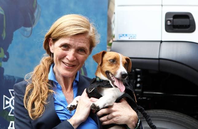 RECORD DATE NOT STATED KYIV, UKRAINE - JULY 17, 2023 - USAID Administrator Samantha Power poses for a picture with Patron the sapper dog during the ceremony of handing over US equipment to the State Emergency Service, Kyiv, capital of Ukraine Ukrainian rescuers receive modern equipment from US  Copyright: xVolodymyrxTarasovx