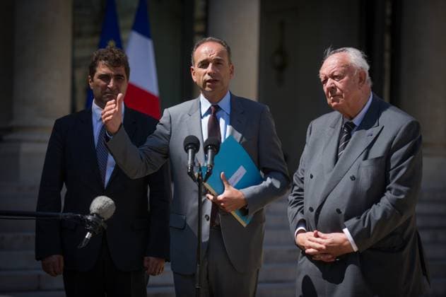 President Hollande Receives UMP Party Representatives - Paris Jean-Francois Cope, leader of the French right-wing opposition UMP party, Christian Jacob, President of the UMP parliamentary group at the French national Assembly, and Jean-Claude Gaudin, President of the UMP parliamentary group at the French Senate leave the Elysee Palace after a meeting with French President Francois Hollande, in Paris, France on May 16, 2014. Photo by Christophe Guibbaud ABACAPRESS.COM Paris France  Copyright: xGuibbaudxChristophe ABACAx 447706_001 GuibbaudxChristophe ABACAx 447706_001 