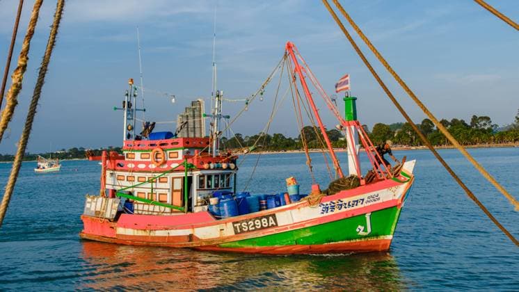 Bangsaray Pattaya Thailand, fishing harbor at the fishing village Bangsaray Bangsaray Pattaya Thailand May 2023, fishing harbor at the fishing village Bangsaray during sunset with colorful wooden fishing boats at dusk Copyright: xZoonar.com FokkexBaarssenx 20359758