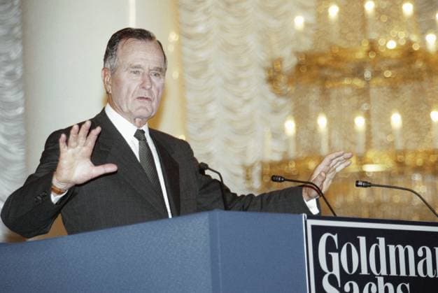 MOSCOW, USSR. June 18, 1989. Former US President George Bush deliveres a speech at the opening of the local branch of the Goldman Sachs International Investment Bank in Moscow. Oleg Buldakov TASS  19302600