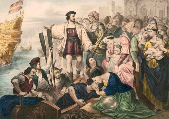 IMAGO History, Entdeckung Amerikas durch Christoph Kolumbus 1492 Christopher Columbus and his crew leaving the port of Palos, Spain; 1492, digitally optimized Christopher Columbus and his crew leaving the port of Palos, Spain; 1492, digitally optimized Copyright: xZoonar.com Heinz-DieterxFalkensteinx 20422643
