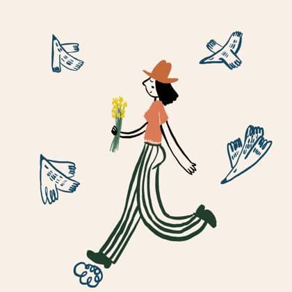 Illustration of dreamy woman with flowers among bird Creative linear drawing of content woman in hat walking with yellow flowers among flying birds on white background BrendaFebus_ID15028_459042_028 Copyright: xBrendaxFebusx RECORD DATE NOT STATED Model Released