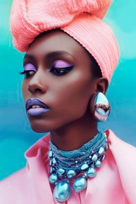 Creative Highlights Symbolbilder PR_ID14244_3804_FantasyMakeupWoman.jpg Generative AI illustration of headshot of African American female fashion model with colorful extravagant makeup in earrings and necklace looking away, Property released EduardoLopez_ID14244_428982_001 Copyright: xEduardoxLopezx RECORD DATE NOT STATED Model Released