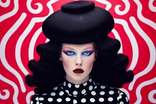 Creative Highlights Symbolbilder PR_ID14244_3804_FantasyMakeupWoman.jpg Generative AI colorful illustration of headshot of brunette female fashion model with glam makeup in polka dot shirt looking at camera, Property released EduardoLopez_ID14244_428998_007 Copyright: xEduardoxLopezx RECORD DATE NOT STATED Model Released