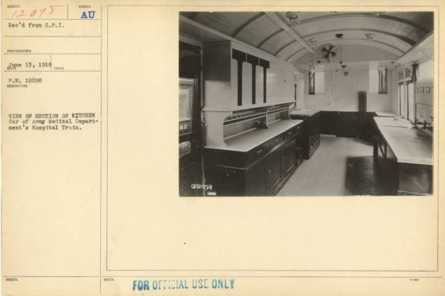 RECORD DATE NOT STATED This photograph shows a section of the kitchen car on the Army Medical Department s Hospital Train during World War I. The image is dated June 13, 1918, and was received from C.P.I. photographer. The number issued is P.N. 12098. The notes indicate that this photograph is for official use only. Copyright: xpiemagsx 1050_55184328 !ACHTUNG AUFNAHMEDATUM GESCHÄTZT!