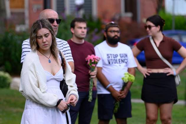 July 22, 2023, Toronto, ON, Canada: Friends and family members of Julianna Kozis and Reese Fallon, gather near trees planted in their honour, following a gathering to mark five years since the attack on the city s Danforth Avenue, at Withrow Park in Toronto, Saturday July 22, 2023. Toronto Canada  - ZUMAc35_ 20230722_zaf_c35_078 Copyright: xChristopherxKatsarovx