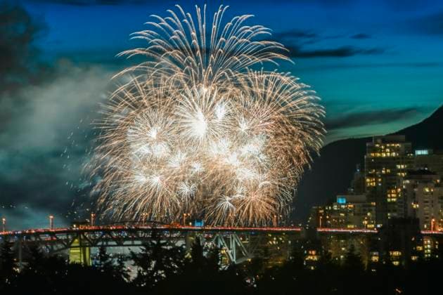 (230723) -- VANCOUVER, July 23, 2023 -- Fireworks launched by team Australia are seen at English Bay in Vancouver, British Columbia, Canada, on July 22, 2023. An off-shore fireworks competition kicked off here with the performance by team Australia on Saturday, followed by team Mexico on July 26 and team Philippines on July 29. (Photo by Xinhua) CANADA-VANCOUVER-FIREWORKS COMPETITION-TEAM AUSTRALIA LiangxSen 