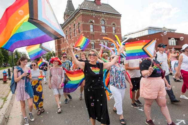 July 23, 2023, Fredericton, New Brunswick, CANADA: Mayor of Fredericton Kate Rogers, center, walks the 11th annual Fredericton Pride parade in Fredericton, New Brunswick on Sunday July 23, 2023. Fredericton city hall is in the background. Fredericton CANADA  - ZUMAc35_ 20230723_zaf_c35_046 Copyright: xStephenxMacgillivrayx