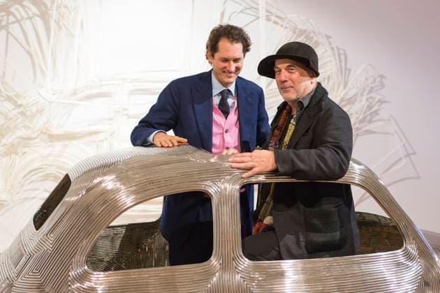 Ron Arad Exhibition Opening - Turin Israeli architect, artist, and designer Ron Arad (R) along with Fiat Chairman John Elkann at the opening of his exhibition In Reverse at Pinacoteca Giovanni e Marella Agnelli, in Turin, Italy on December 19, 2013. In Reverse highlights a selection of Arad s work in metal - ranging from chairs to sculptural pieces - from the past three decades. Photo by Marco Piovanotto ABACAPRESS.COM Turin Italy  Copyright: xPiovanottoxMarco ABACAx 427169_024 PiovanottoxMarco ABACAx 427169_024 