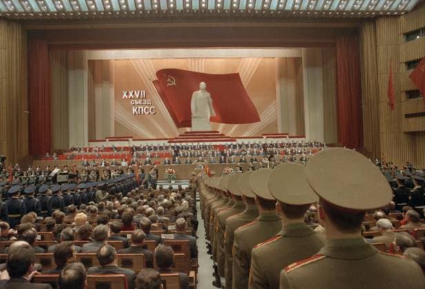 Moscow, USSR. Members of the Soviet Armed Forces delegation greet participants and guests of the 27th Congress of the Communist Party of the Soviet Union at the Kremlin Palace of Congresses. TASS  18332795