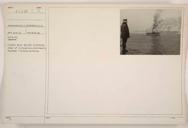RECORD DATE NOT STATED A photograph of Patrol Boat 2 of the 3rd Division, Army of Occupation, taken in Andernach, Rhenish Prussia, Germany. The photographer is Sot. P. Buettner, and the photo was taken on April 5, 1919, and developed on February 6, 1919. The reference number is 3701-79. Copyright: xpiemagsx 967_86708360 !ACHTUNG AUFNAHMEDATUM GESCHÄTZT!