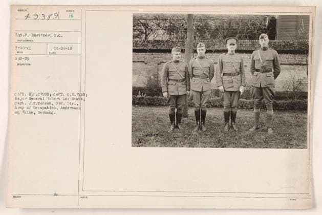 RECORD DATE NOT STATED Capt. H.H. Crose, Capt. C.D. Ryan, Major General Robert Lee Howze, and Capt. J.T. Todson of the 3rd Division, Army of Occupation, in Andernach, Germany. Photo taken on March 10, 1919, and received on May 2, 1919. Description issued on December 24, 1918. Photo credits to Sgt. P. Buettner, S.C. Copyright: xpiemagsx 970_86704881 !ACHTUNG AUFNAHMEDATUM GESCHÄTZT!