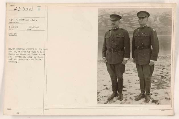 RECORD DATE NOT STATED Major General Joseph T. Dickman and Major General Robert Lee Howze are seen on the banks of the Rhine River in Andernach, Germany. This photograph was taken on March 10, 1919, by Sergeant P. Buettner of the Signal Corps. It is part of the records of the 3rd Division, Army of Occupation. The image is numbered 49392. Copyright: xpiemagsx 970_86704887 !ACHTUNG AUFNAHMEDATUM GESCHÄTZT!