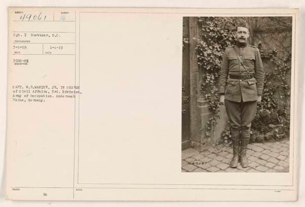 RECORD DATE NOT STATED Captain W.R. Manier Jr. is pictured, in charge of Civil Affairs for the 3rd Division of the Army of Occupation, at Andernach, Rhine, Germany. The photograph was taken on January 4, 1919, by Sergeant P. Buettner. Recipient of this photo was stamped on March 5, 1919, with the description and issue notes provided. The identification number is $49067. Copyright: xpiemagsx 971_86704225 !ACHTUNG AUFNAHMEDATUM GESCHÄTZT!