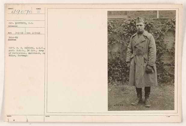 RECORD DATE NOT STATED A photograph taken on January 7, 1919, features Captain C.S. Saeiden of the Quartermaster Corps, Assistant Army Medical Corps, 3rd Division, Army of Occupation in Andernach, Germany. The photograph, labeled as 49070 SGT. Buettner, S.C. Photographer RECO 3-1-19, provides a visual record of Capt. C. S. Saeiden s activities during World War One. Copyright: xpiemagsx 971_86704243 !ACHTUNG AUFNAHMEDATUM GESCHÄTZT!