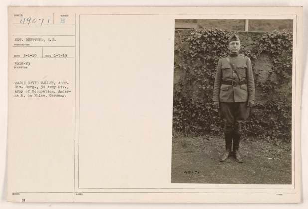 RECORD DATE NOT STATED Major David Walley, Assistant Division Surgeon of the 3rd Army Division, Army of Occupation, is pictured in Andernach, Germany on the Rhine. The photograph was taken by Sergeant Buettner on January 7, 1919. The image number is 3015-N9 and it is part of the collection of photographs of American military activities during World War One. Copyright: xpiemagsx 971_86704245 !ACHTUNG AUFNAHMEDATUM GESCHÄTZT!