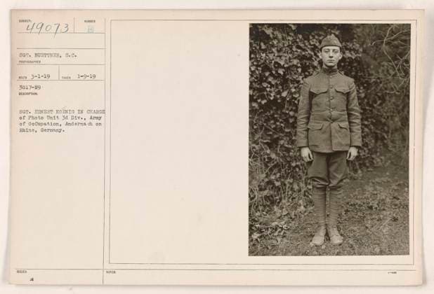 RECORD DATE NOT STATED This photograph shows SGT. Ernest Koenig, who is in charge of the Photo Unit for the 3rd Division of the Army of Occupation, in Andernach, Germany on the Rhine. The photo was taken on January 9, 1919 and was captured by SGT. Buettner, the photographer. Copyright: xpiemagsx 971_86704249 !ACHTUNG AUFNAHMEDATUM GESCHÄTZT!