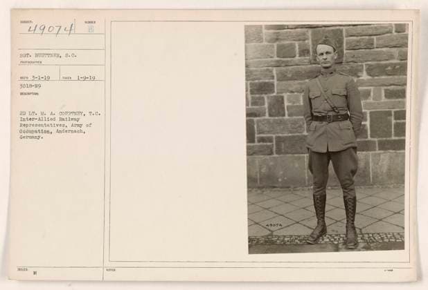 RECORD DATE NOT STATED Photo of 2nd Lt. M.A. Courtney, TC, and Sgt. Buettner, SC, a photographer, taken on January 9, 1919. They are inter-Allied Railway representatives of the Army of Occupation in Andernach, Germany. This photo is labeled 49074 and has notes indicating it is part of the Burber B-31 series, with a record date of March 1, 1919. Copyright: xpiemagsx 971_86704251 !ACHTUNG AUFNAHMEDATUM GESCHÄTZT!