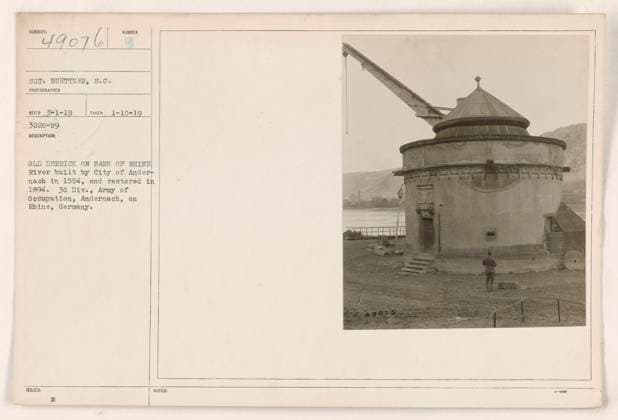 RECORD DATE NOT STATED Old derrick on bank of Rhine River in Andernach, Germany. It was built by the City of Andernach in 1554 and restored in 1894. This photo was taken on January 10, 1919 by Sergeant Buettner, a photographer. It belongs to the 3rd Division of the Army of Occupation stationed in Andernach. Copyright: xpiemagsx 971_86704255 !ACHTUNG AUFNAHMEDATUM GESCHÄTZT!