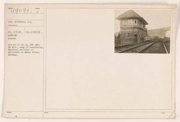 RECORD DATE NOT STATED Guards from Company A of the 7th Infantry, 3rd Division, Army of Occupation, seen here on duty guarding a railroad at Andernach on the Rhine River in Germany. Photo taken on January 10, 1919, by Sergeant Buettner. Image number 3035-N9. Photographer s notes indicate the location as Andernach. Copyright: xpiemagsx 971_86704285 !ACHTUNG AUFNAHMEDATUM GESCHÄTZT!