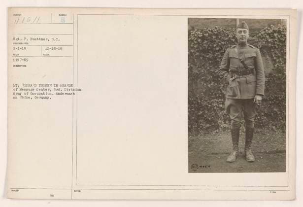 RECORD DATE NOT STATED Lt. Richard Tucker is seen in charge of the Message Center for the 3rd Division, Army of Occupation in Andernach, Germany. This photograph was taken on December 28, 1918, and features Sgt. P. Buettner, S.C. The photographer s record number is 3-1-19 RECO 1157-N9. Copyright: xpiemagsx 972_86703131 !ACHTUNG AUFNAHMEDATUM GESCHÄTZT!