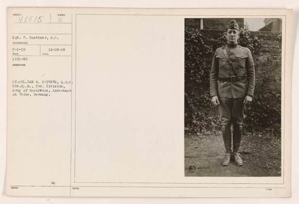 RECORD DATE NOT STATED Lt. Col. Dan G. Stivers, Quartermaster Corps Division Quartermaster of the 3rd Division, Army of Occupation, pictured in Andernach on the Rhine, Germany. This photograph was taken on December 28, 1918, with Sgt. P. Buettner as the subject. The image is marked with RECO 1161-N9. Copyright: xpiemagsx 972_86703139 !ACHTUNG AUFNAHMEDATUM GESCHÄTZT!