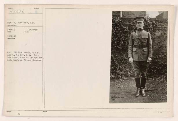 RECORD DATE NOT STATED Maj. Patrick Kelly, Q.M.C., Ass t to Div. Q.M., 3rd Division, Army of Occupation, Andernach on Rhine, Germany. Sgt. P. Buettner, S.C. (Service Corps) pictured in a photograph taken by Maj. Patrick Kelly on January 3rd, 1919. This photograph is numbered 1162-N9 in the collection and was issued on December 28th, 1918. Copyright: xpiemagsx 972_86703141 !ACHTUNG AUFNAHMEDATUM GESCHÄTZT!