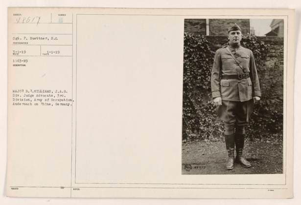 RECORD DATE NOT STATED Major B. R. Williams, J.A.G. Div. Judge Advocate, 3rd Division, Army of Occupation, stationed in Andernach on the Rhine, Germany. This photograph features Sgt. P. Buettner, S.c. The image was taken on March 1, 1919, with reference number 1163-19. Major Williams is seen wearing his military uniform. The notes mention the assigned number 48517. Copyright: xpiemagsx 972_86703143 !ACHTUNG AUFNAHMEDATUM GESCHÄTZT!