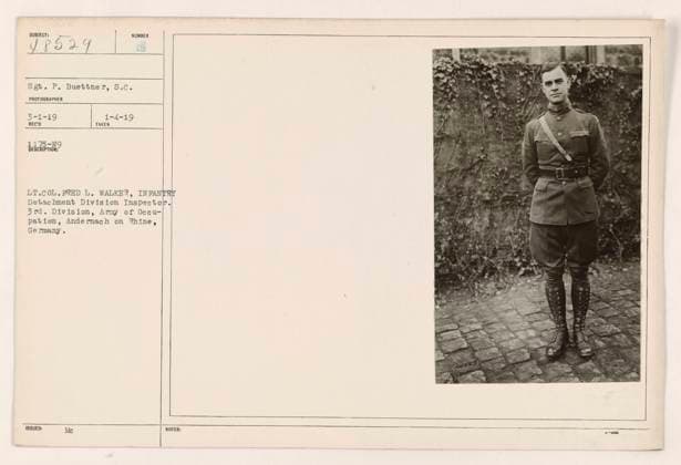 RECORD DATE NOT STATED Lt. Col. Fred L. Walker, Infantry Detachment Division Inspector of the 3rd Division, Army of Occupation, is pictured here in Andernach on Rhine, Germany. The photograph was taken on March 1, 1919 and was received on November 5, 1919. The description was issued on April 1, 1919. The subject of the photograph is identified as Sgt. P. Buettner, S.c. Copyright: xpiemagsx 972_86703167 !ACHTUNG AUFNAHMEDATUM GESCHÄTZT!