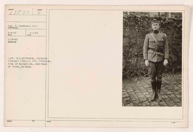 RECORD DATE NOT STATED Capt. F.T. Addington, Division Ordnance Officer of the 3rd Division, Army of Occupation, in Andernach on the Rhine, Germany. Sgt. P. Buettner took this photograph on January 4, 1919. The description number for this image is BECO 1176-19. Copyright: xpiemagsx 972_86703169 !ACHTUNG AUFNAHMEDATUM GESCHÄTZT!