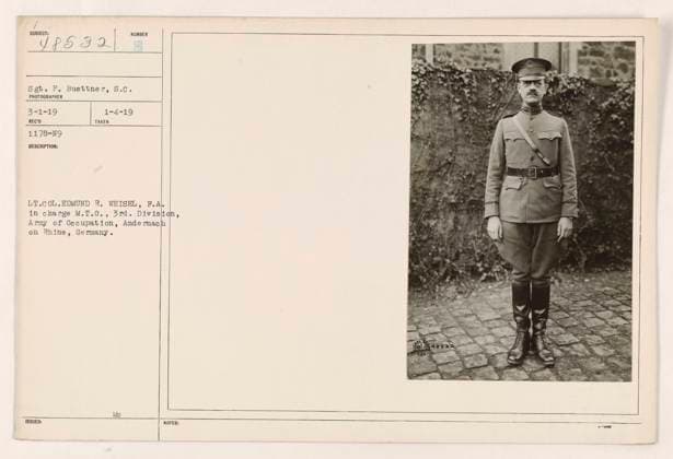 RECORD DATE NOT STATED Lt. Col. Edmund R. Weisel, F.A. of the 3rd Division, Army of Occupation, Andernach on Rhine, Germany, is seen in this photograph. This image is labeled SUBIECT 1532 and was taken on January 4, 1919. Sgt. P. Buettner, S.C., is credited as the photographer. Copyright: xpiemagsx 972_86703173 !ACHTUNG AUFNAHMEDATUM GESCHÄTZT!