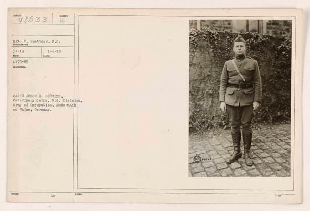 RECORD DATE NOT STATED Major Jesse D. Derrick of the Veterinary Corps, 3rd Division, Army of Occupation, stationed in Andernach on the Rhine River in Germany. Photograph taken on January 4, 1919, by Sergeant P. Buettner from the Signal Corps. Officially identified with the reference number 48533. Captioned notes indicate that this particular image was issued to Major Derrick. Copyright: xpiemagsx 972_86703175 !ACHTUNG AUFNAHMEDATUM GESCHÄTZT!