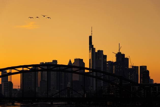 Die Frankfurter Skyline am Abend Wildgänse fliegen am Abend über die Frankfurter Bankenskyline hinweg. Frankfurt am Main Osthafen Hessen Deutschland *** the Frankfurt Skyline on Evening Wild geese fly on Evening via the Frankfurt Banking Skyline away Frankfurt on Main Eastern Port Hesse Germany 2023-02-07_ffm_skyline_01