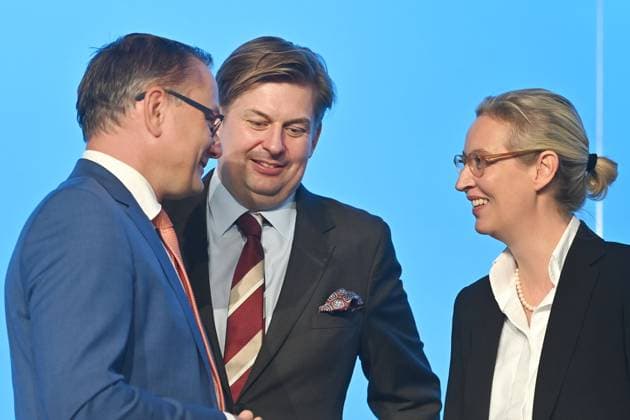 v.li:Tino CHRUPALLA, Maximilian KRAH, Alice WEIDEL, 14.Bundesparteitag der AfD Alternative fuer Deutschland am 28.07.2023 in der Messe Magdeburg *** v li Tino CHRUPALLA, Maximilian KRAH, Alice WEIDEL, 14 Federal party conference of the AfD Alternative for Germany on 28 07 2023 in the fair Magdeburg