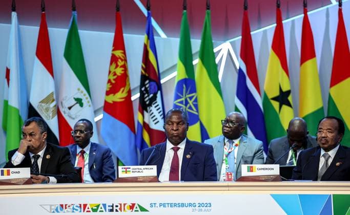 Bilder des Jahres 2023, News 07 Juli News Themen der Woche KW30 News Bilder des Tages RUSSIA, ST PETERSBURG - JULY 28, 2023: Chadâ€™s Foreign Minister Mahamat Saleh Annadif, Faustin-Archange Touadera, President of the Central African Republic, and Cameroon s President Paul Biya (L-R front) attend the plenary session of the 2nd Russia-Africa Summit at the ExpoForum Convention and Exhibition Centre. Mikhail Tereshchenko TASS Host Photo Agency  60724301