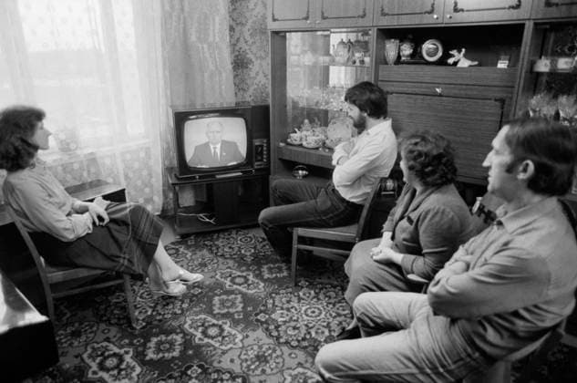 MOSCOW, USSR. May 14, 1986. The family of the senior master of the mechanical workshop No. 1 of Sergo Ordzhonikidze Moscow Machine Tool Plant Yuri Troshin (L-R) - daughter O. Morozova, a student of Moscow State University, her husband, L. Morozov, a woodcarver of the Mytishchi Improvement Plant, and his wife, the engineer of Sergo Ordzhonikidze Moscow Machine Tool Plant and Yuri Troshin watch the speech of the General Secretary of the CPSU Mikhail Gorbachev on TV. Alexander Sentsov TASS  16457195