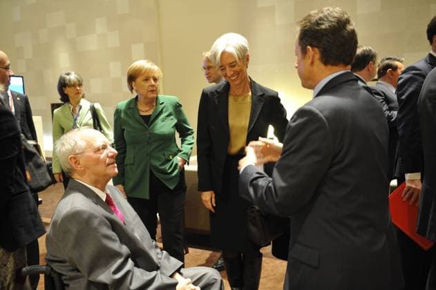 Exclusive. Nicolas Sarkozy participates at the the 2010 G20 Summit in Seoul French President Nicolas Sarkozy flanked by French Minister for Economy Christine Lagarde speaks with German Chancellor Angela Merkel and German Minister of Finance Wolfgang Schaeuble during the 2010 G20 Summit, in Seoul, South Korea on November 12, 2010. World leaders converged on Seoul for the fifth meeting of the G20 group of nations to discuss the global financial system and world economy. South Korea is the first non G-8 country to host the G-20 summit. Photo by Elodie Gregoire ABACAPRESS.COM Seoul ...  Copyright: xGregoirexElodie ABACAx 251875_021 GregoirexElodie ABACAx 251875_021 