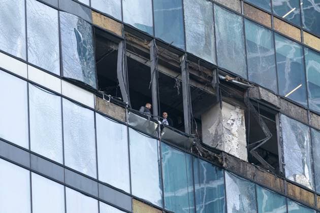 Bilder des Jahres 2023, News 08 August News Themen der Woche KW31 News Bilder des Tages (230801) -- MOSCOW, Aug. 1, 2023 -- This photo taken on Aug. 1, 2023 shows a building damaged in a drone attack in Moscow, Russia. Ukraine launched an attack on Moscow and the Moscow region with three unmanned aerial vehicles (UAVs), with two of them shot down and the third having crashed after being jammed by electronic warfare, said Russian authorities on Tuesday. ) RUSSIA-MOSCOW-DRONE ATTACK BaixXueqi 