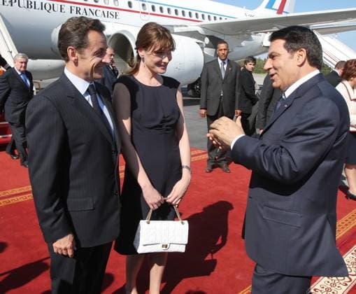 French President Sarkozy Visits Tunisia - Day One Tunisian President Zine El Abidine Ben Ali (R) welcomes his French counterpart Nicolas Sarkozy (L) and his wife Carla Bruni-Sarkozy at the airport in Tunis, Tunisia on April 28, 2008. Sarkozy visits Tunisia hoping to clinch nuclear and aviation deals with the north African state and push his plan for a Mediterranean Union, and also speak publicly about human rights in Tunisia where the government has long been accused of jailing and beating dissidents and blocking press freedom officials said. Photo by Patrick Kovarik-Pool ABACAPRESS.COM Tunis - Tunisia  Copyright: xABACAx 150899_183 ABACAx 150899_183 