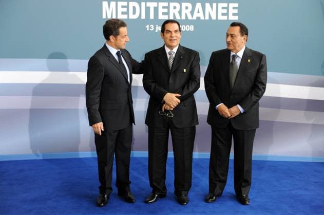 Opening of Paris Union for the Mediterranean founding summit French President Nicolas Sarkozy and Egyptian President and summit co-chairman Hosni Mubarak welcome Tunisia s President Zine ek abudube Ben Ali at opening of the Paris Union for the Mediterranean founding summit at the Grand Palais in Paris, France on July 13, 2008. French President Nicolas Sarkozy and 42 leaders launch today a union between Europe and its Mediterranean neighbours but tensions among Middle East countries could undermine the grand plan. Photo by Benainous-Hounsfield Pool ABACAPRESS.COM Paris France  Copyright: xABACAx 158159_58 ABACAx 158159_58 