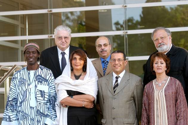 66752 01 Jury members of the Assilah first South-South Film Encounter that gathered some 35 directors from various countries, pose in Assilah on 29 July 2004. From Left : Makena Diop from Senegal, Moritz de Hadeln from Switzerland, Manijeh Hekmat from Iran, Ali Abou Shadi from Egypt, Mohammed Bakri and Soumaya Naamane Guessous from Morocco and Rustam Ibragimbekov from Azerbaidjan. Photo by Ammar Abd Rabbo ABACA.  Copyright: xBalkisxPress ABACAx 66752_01 BalkisxPress ABACAx 66752_01