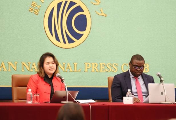 August 4, 2023, Tokyo, Japan - UN Working Group Business and Human Rights chairman Damilola Olayuyi (R) and Pichamon Yeophantong (L) hold a press conference after their 12-day investigation of Japan s situation on the human rights at the Japan National Press Club in Tokyo on Friday, August 4, 2023. UN human rights group probeed cases of entertainment company Johnny & Associate founder Johnny Kitagawa s sexual abuse to the company s young boy talents and several hundreds talents were abused. (photo by Yoshio Tsunoda AFLO)  , aflo_225788567.jpg,