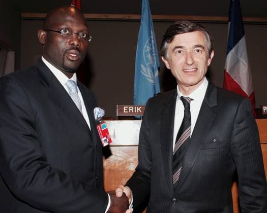 George Weah Elected Liberian President File photo : Liberian soccer star and former presidential candidate George Weah and French Foreign Affairs Minister Philippe Douste-Blazy attend the Fight Against AIDS International Drug Purchase Facility press conference at the United Nations Headquarters in New York, on Friday, June 2, 2006. Former football star George Weah has been elected as Liberia s president. Mr Weah is well ahead of opponent Joseph Boakai with more than 60% of the vote. Photo by Nicolas Khayat ABACAPRESS.COM New York City NY  Copyright: xKhayatxNicolas ABACAx 99102_03 KhayatxNicolas ABACAx 99102_03