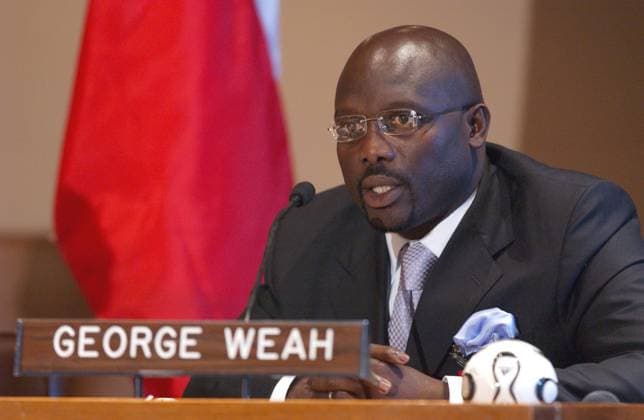 George Weah Elected Liberian President File photo : Liberian soccer star and former presidential candidate George Weah reacts during the Fight Against AIDS International Drug Purchase Facility press conference at the United Nations Headquarters in New York, on Friday, June 2, 2006. Former football star George Weah has been elected as Liberia s president. Mr Weah is well ahead of opponent Joseph Boakai with more than 60% of the vote. Photo by Nicolas Khayat ABACAPRESS.COM New York City NY  Copyright: xKhayatxNicolas ABACAx 99102_05 KhayatxNicolas ABACAx 99102_05