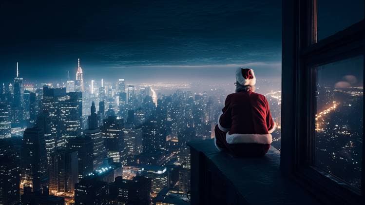 Generative AI image of back view of unrecognizable man in Santa Claus costume sitting on edge against illuminated cityscape at night sky Generative AI image of back view of unrecognizable man in Santa Claus costume sitting on edge against illuminated cityscape at night sky Model Released IgnacioFerrandiz_ID15381_468538_001 Copyright: xIgnacioxFerrandizx RECORD DATE NOT STATED