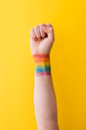 Creative Highlights Symbolbilder Person hält Faust mit Regenbogenflagge am Handgelenk *** Person holds fist with Rainbow flag on Wrist Copyright: imageBROKER/OleksandrxLatkun ibxole09460499.jpg ,model released, Symbolfoto ,property released