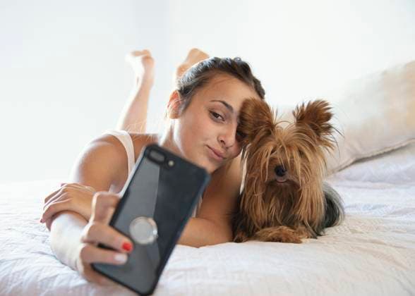 Creative Highlights Symbolbilder Junge Frau mit Hund nimmt Selfie *** Boy Woman with Dog takes Selfie Copyright: imageBROKER/OleksandrxLatkun ibxole09461112.jpg ,model released, Symbolfoto ,property released