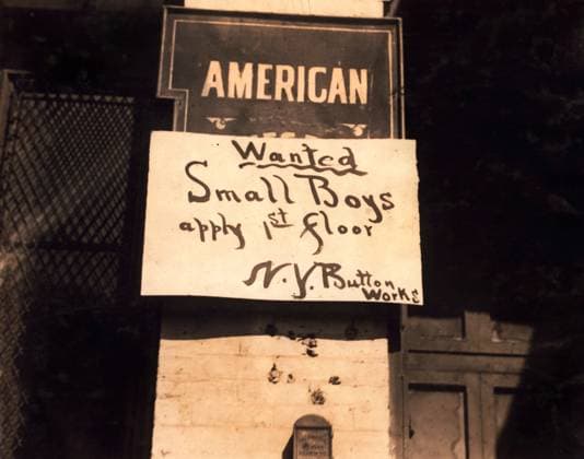 Wanted, Small Boys Sign, N.Y. Button Works, New York City, New York, USA, Lewis Hine, 1916  Copyright: xCircaxImagesx ghi-circa01322